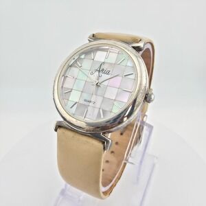 ARIA Ladies Watch 925 Sterling Silver Mother Of Pearl Mosaic Beige Leather 7.75"